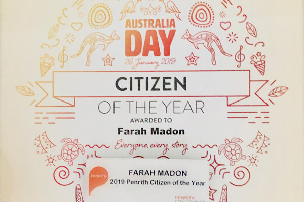 2019 Australia Day Awards - Farah Madon awarded Penrith Citizen of the Year