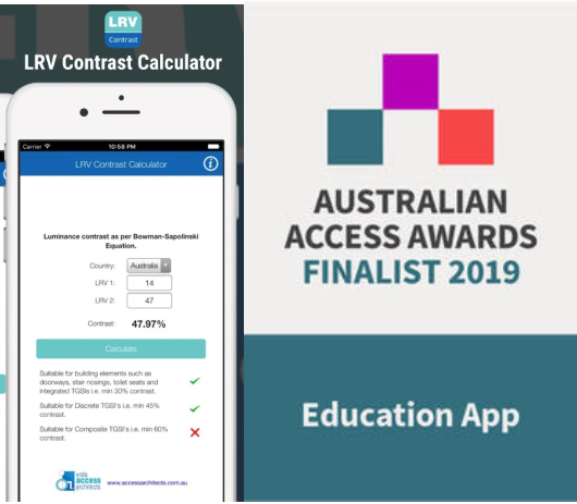 Image of LRV contrast app on a phone with the Australian Access Awards Finalist 2019 for Education App badge